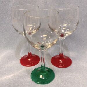 Libbey Red and Green base Wine Glasses Bulb Style Long Stem set of 3